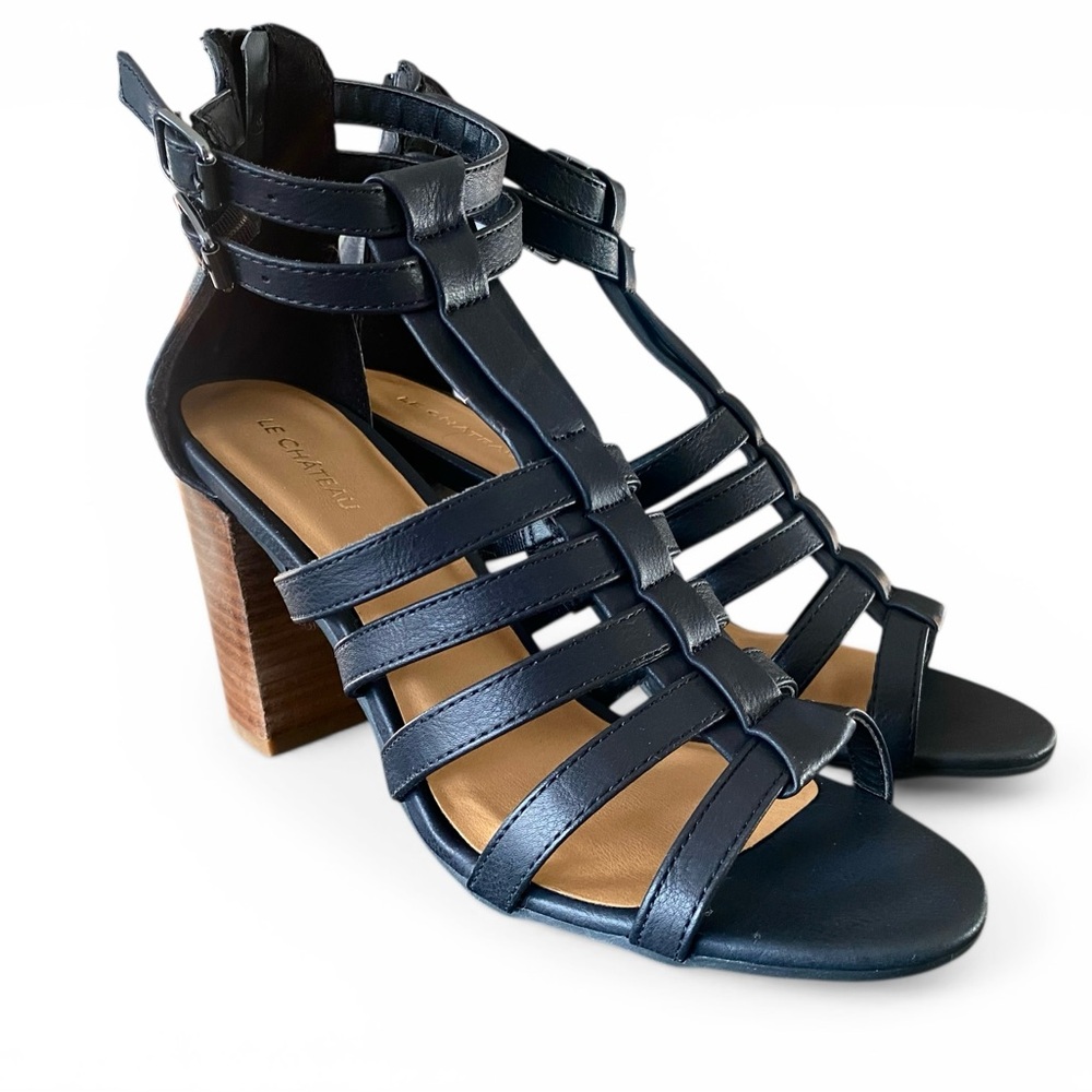 Le Chateau Black Leather Strappy Block Heels. Size 38